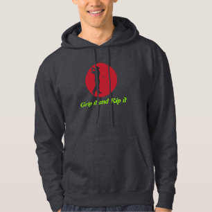 Golfer swinging driver dark grey hoodie