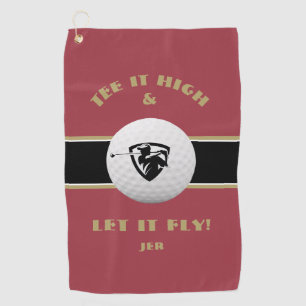 Golfer Tee It High Monogram Sports Red Black Gold Golf Towel