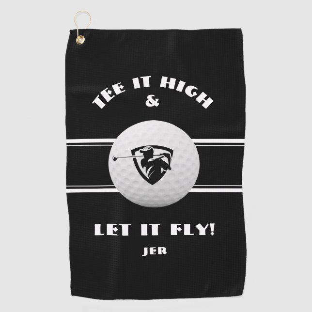 Golfer Tee It High Monogrammed Sports Player Black Golf Towel (Front)