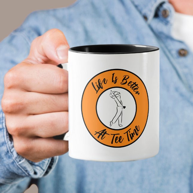Golfer Tee Time Humour Funny Sport Pun Black Orang Mug (Golfer Tee Time Humor Funny Sport Pun Black Orange Mug)