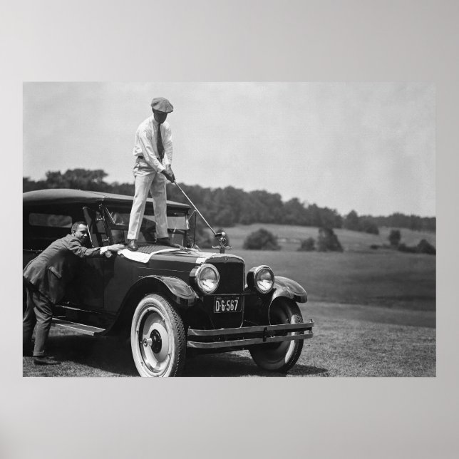 Golfer Teeing Off on Top of Car, Black and White Poster (Front)