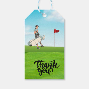 Golfer thank you with golfer holding golf bag gift tags
