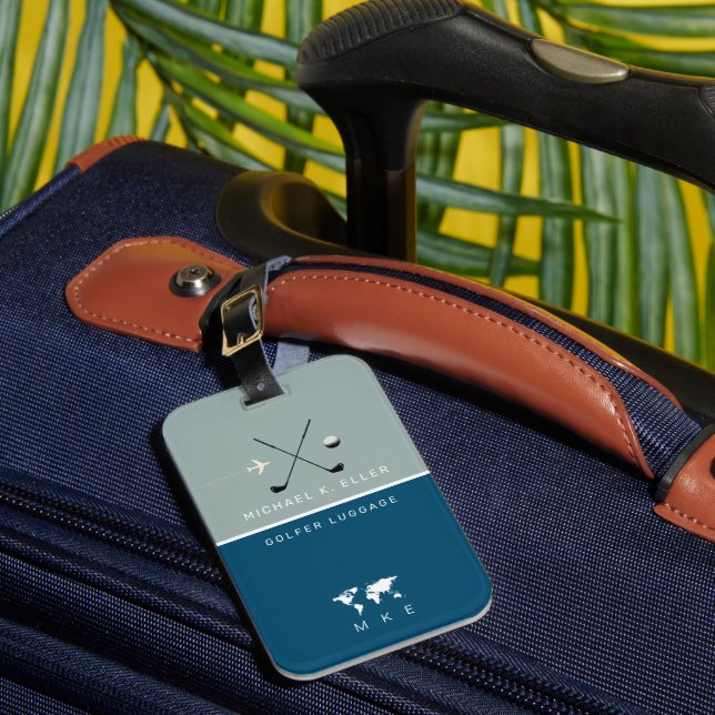 Golfer Travel Adventures Blue Luggage Tag (Front Insitu 1)