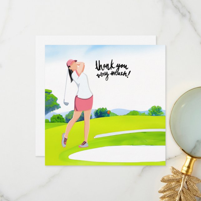 Golfer woman is golfing  thank you card (Front/Back In Situ)