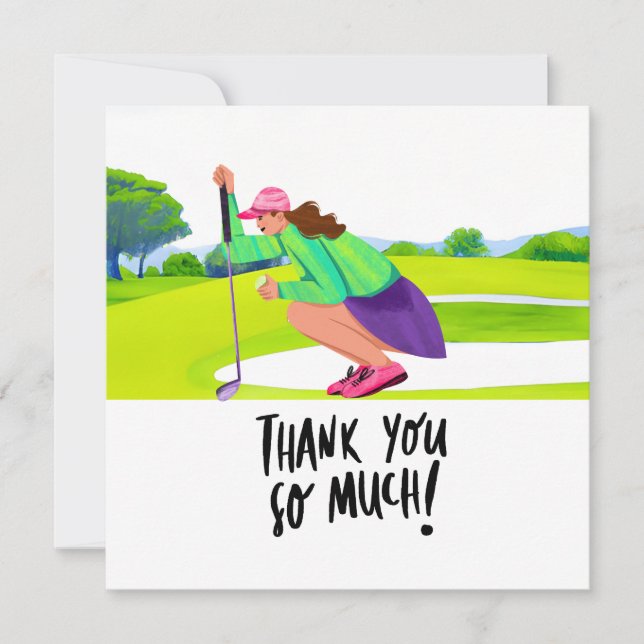 Golfer woman is golfing  thank you card (Front)