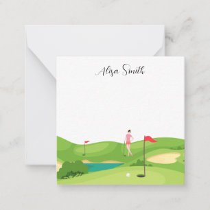 Golfer Woman is on green grass in golf course   Card