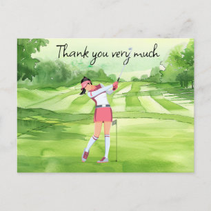 Golfer woman on golf course watercolor postcard