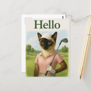 Golfer woman with Hello Text on Green Postcard