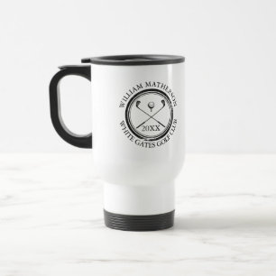Golfers And Club Name Date Black and White Travel Mug