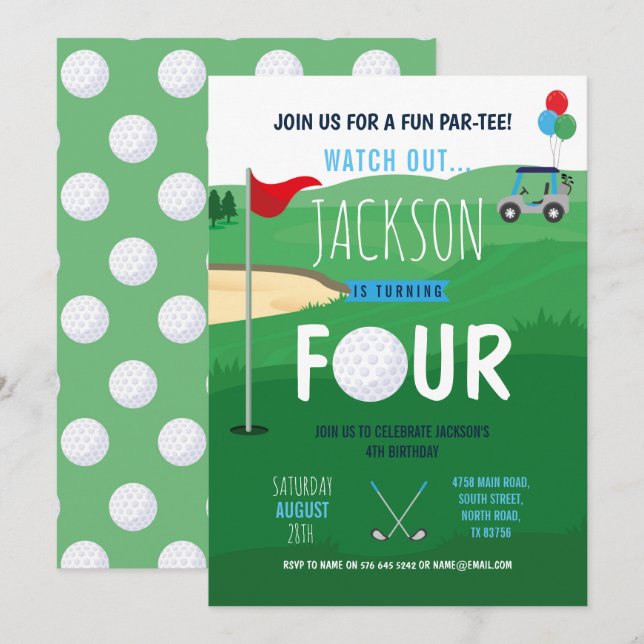 Golfing 4th Birthday Four Golf Course Clubs Invitation (Front/Back)