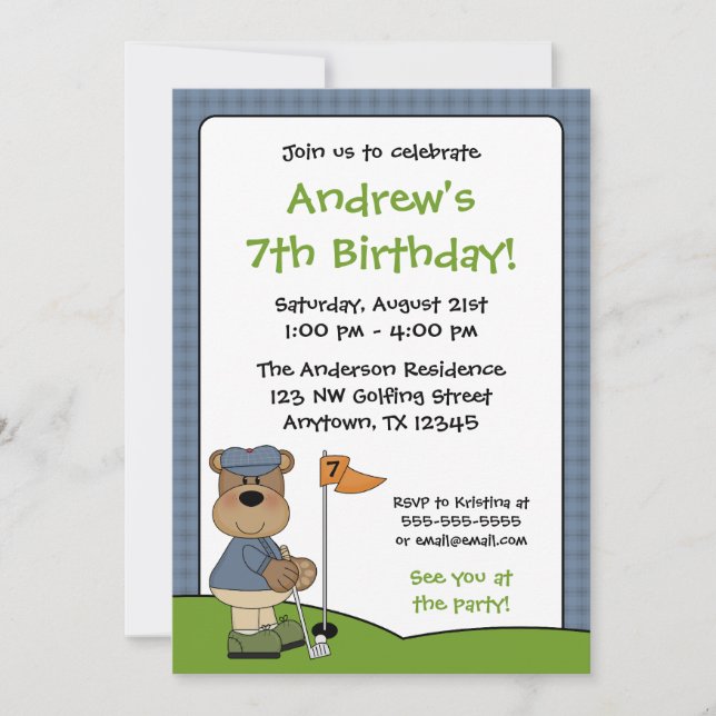 Golfing Bear Kids Birthday Party Invitations (Front)