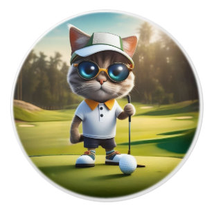 Golfing Cat Ready To Play Golf, Ceramic Knob