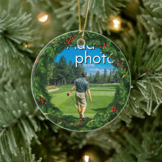 Golfing Christmas Wreath add your photo red Ceramic Tree Decoration (Tree)