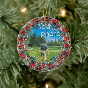 Golfing Christmas Wreath add your photo red Ceramic Tree Decoration