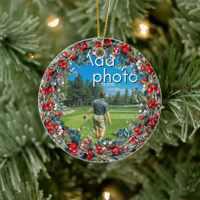 Golfing Christmas Wreath add your photo red Ceramic Tree Decoration (Tree)