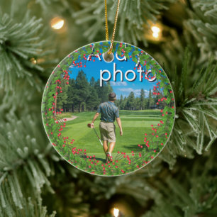 Golfing Christmas Wreath add your photo red Ceramic Tree Decoration