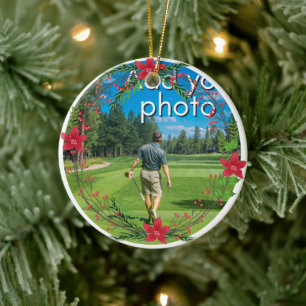 Golfing Christmas Wreath add your photo red Ceramic Tree Decoration