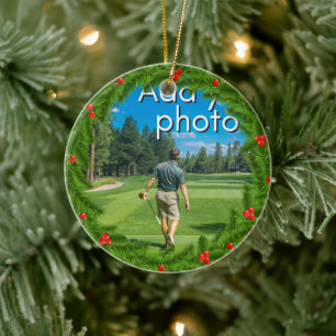 Golfing Christmas Wreath add your photo red Ceramic Tree Decoration