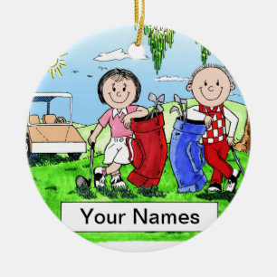 Golfing Couple - Personalised Cartoon Gift Ceramic Tree Decoration