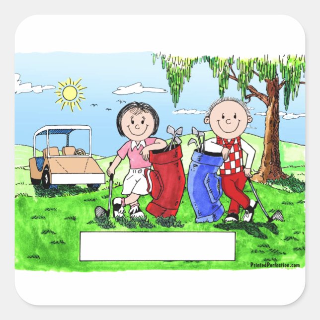Golfing Couple - Personalised Cartoon Square Sticker (Front)