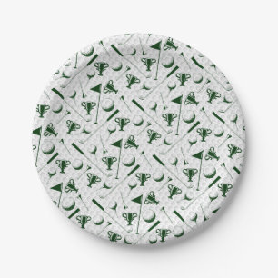 Golfing Green White Golf Ball Trophy Clubs Flag Paper Plate