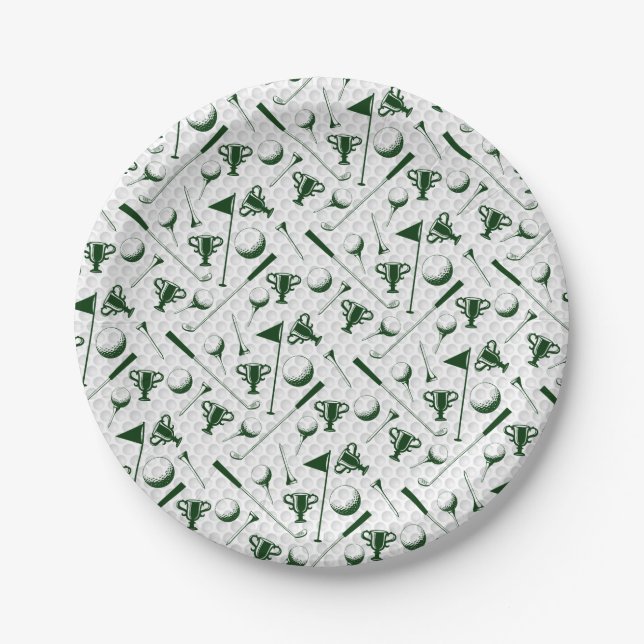 Golfing Green White Golf Ball Trophy Clubs Flag Paper Plate (Front)