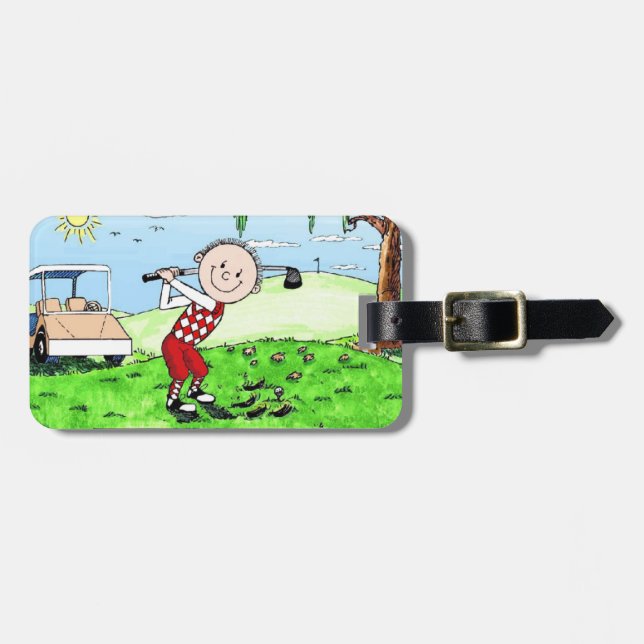 Golfing, Male- Personalised Friendly Folks Cartoon Luggage Tag (Front Horizontal)