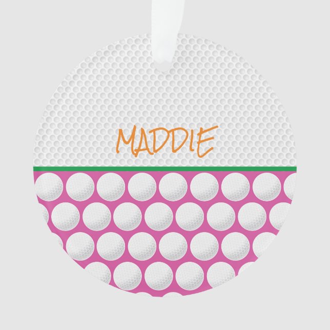 Golfing NAME Modern Pink Green Orange Golf Fun Ornament (Front)