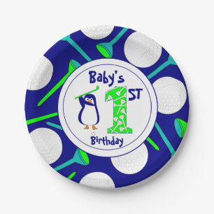 Golfing Penguin Baby's First Birthday Paper Plate