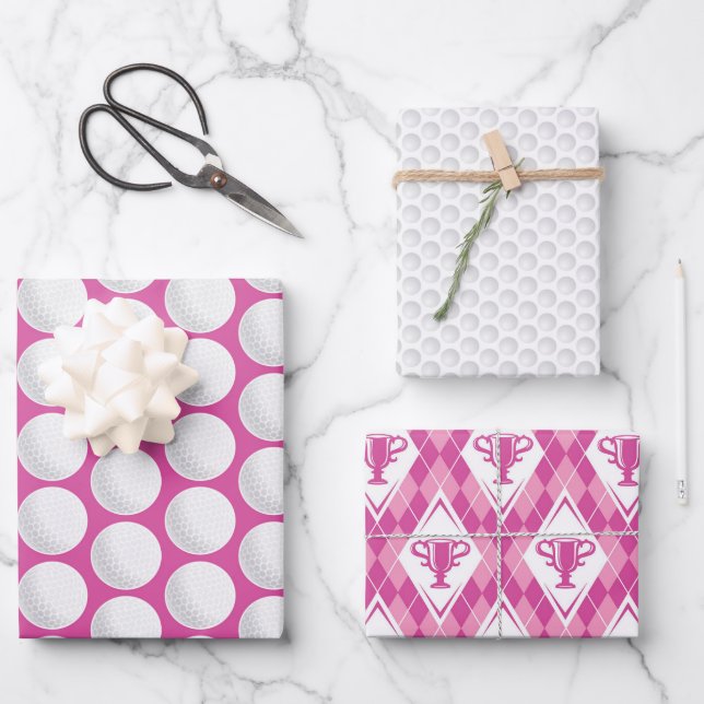 Golfing Pink Preppy Ladies Golf Ball Trophy Fun Wrapping Paper Sheet (Front)