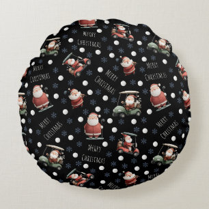 Golfing Santa on Black Round Cushion