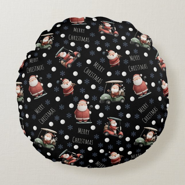 Golfing Santa on Black Round Cushion (Front)
