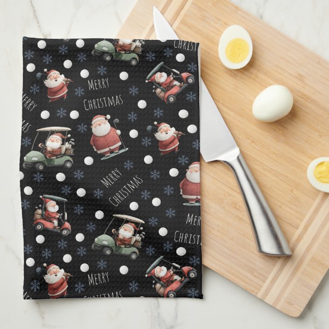 Golfing Santa on Black Tea Towel (Quarter Fold)