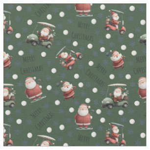Golfing Santa on Dark Green Fabric