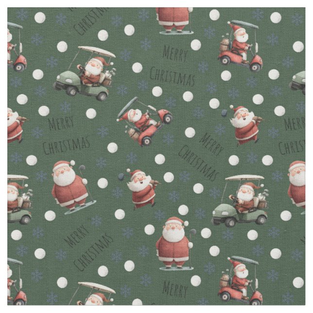 Golfing Santa on Dark Green Fabric (Close Up)