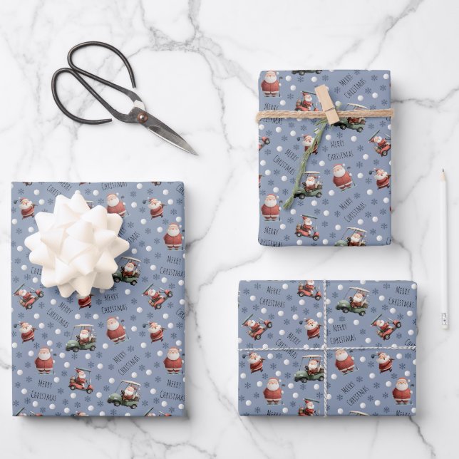 Golfing Santa on Dark Grey-Blue Wrapping Paper Sheet (Front)