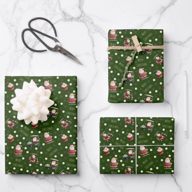 Golfing Santa on Deep Green Wrapping Paper Sheet (Front)