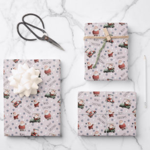 Golfing Santa on Pale Pink Wrapping Paper Sheet