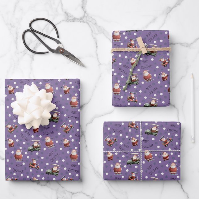 Golfing Santa on Purple Wrapping Paper Sheet (Front)