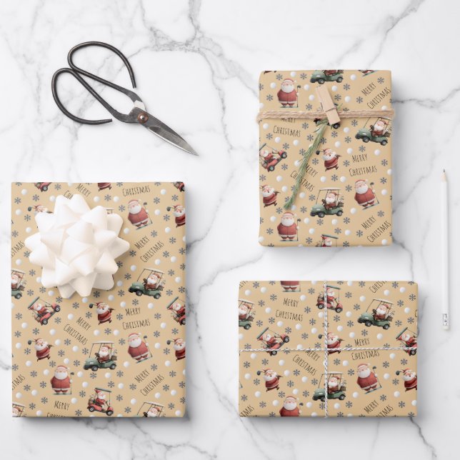 Golfing Santa on Sand Wrapping Paper Sheet (Front)