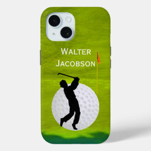 Golfing silhouette Golfer, Ball, Green personalise iPhone 15 Case