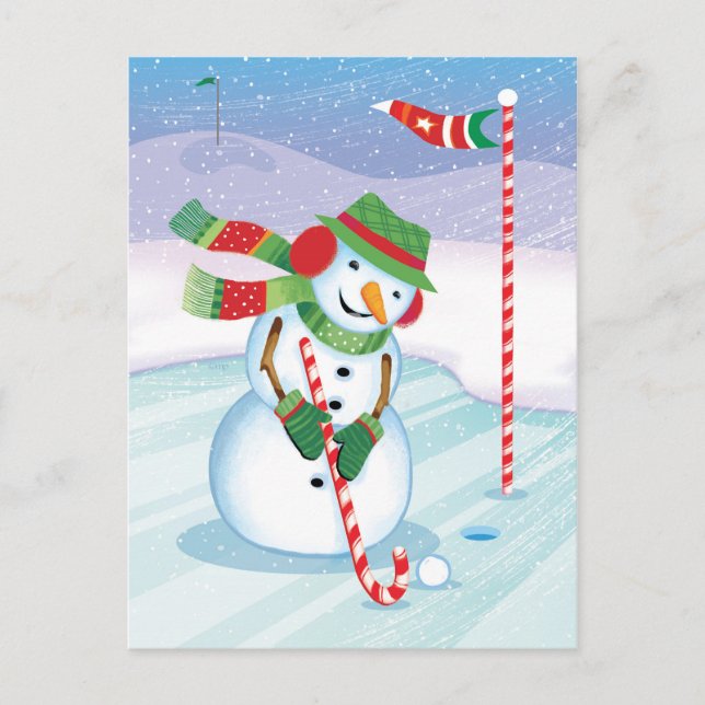 Golfing Snowman Christmas Candy Cane Club Postcard (Front)