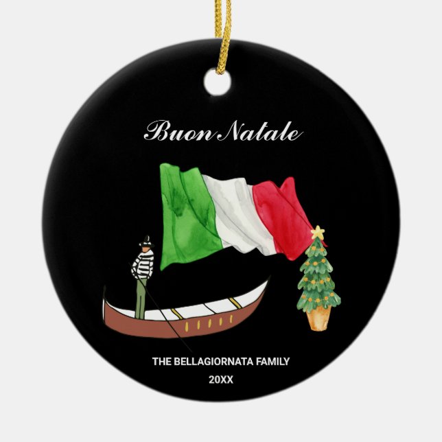 *~* Gondola Flag Italy Buon Natale Photo Christmas Ceramic Tree Decoration (Front)