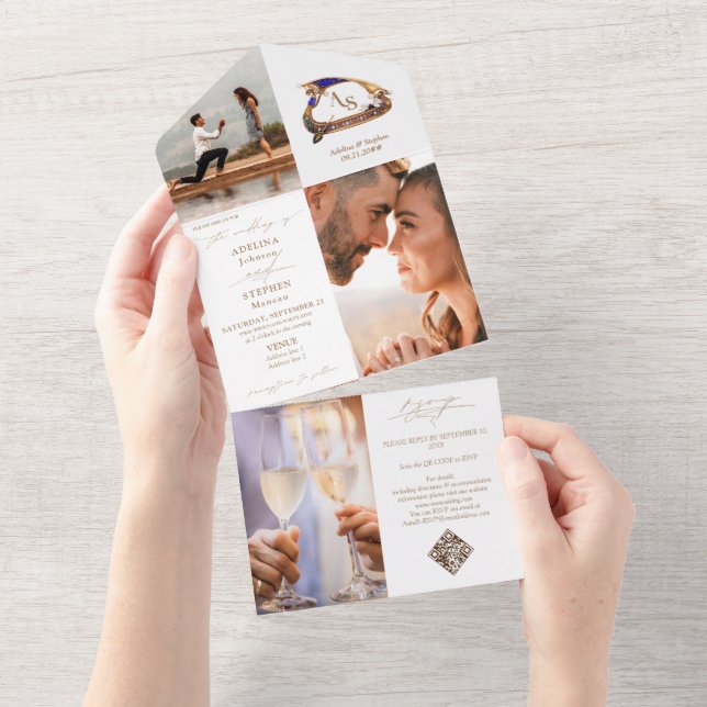 Gondola Monogram Crest 3 Photo QR Code Wedding All In One Invitation (Tearaway)
