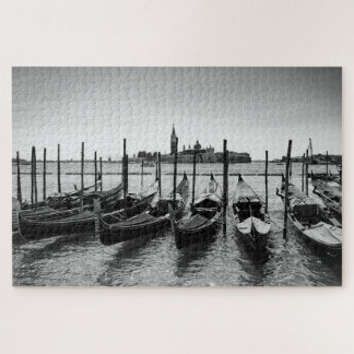Gondolas in Venice in black and white Jigsaw Puzzle