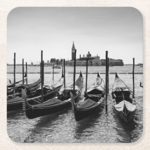 Gondolas in Venice in black and white Square Paper Coaster