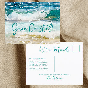 Gone Coastal New Home Wave On Beach Watercolor Announcement Postcard