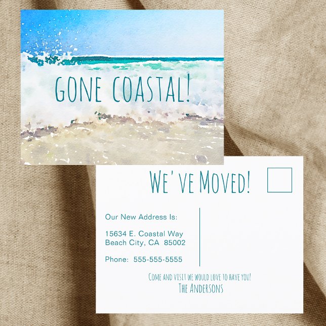 Gone Coastal New Home Wave On Beach Watercolor Announcement Postcard (Creator Uploaded)