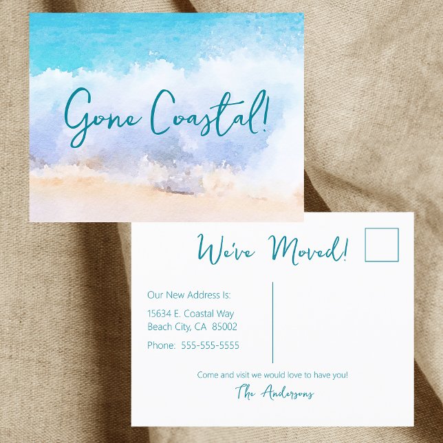 Gone Coastal New Home Wave On Beach Watercolor Announcement Postcard (Creator Uploaded)