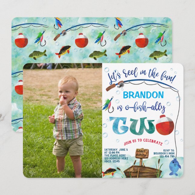 Gone Fishing 2nd birthday Little Fisherman Photo Invitation (Front/Back)